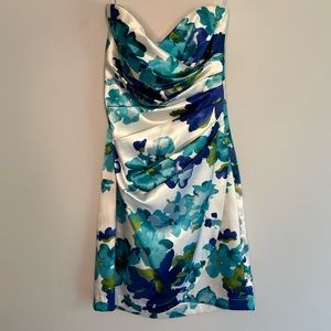 White Satin Dress in a large blue floral-print.